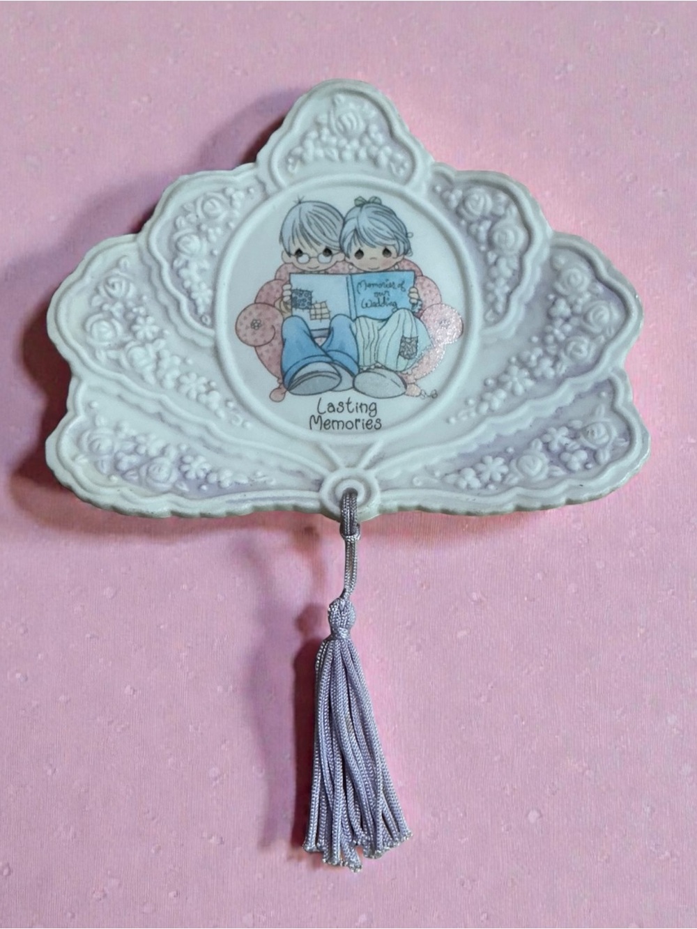 Precious Moments White Porcelain Wall Plaque with Lavender Tassel 1994